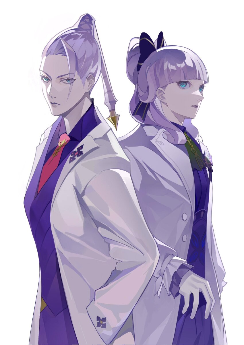 2girls, ace_attorney, ascot, blue_eyes, blunt_bangs, bow, closed_mouth, coat