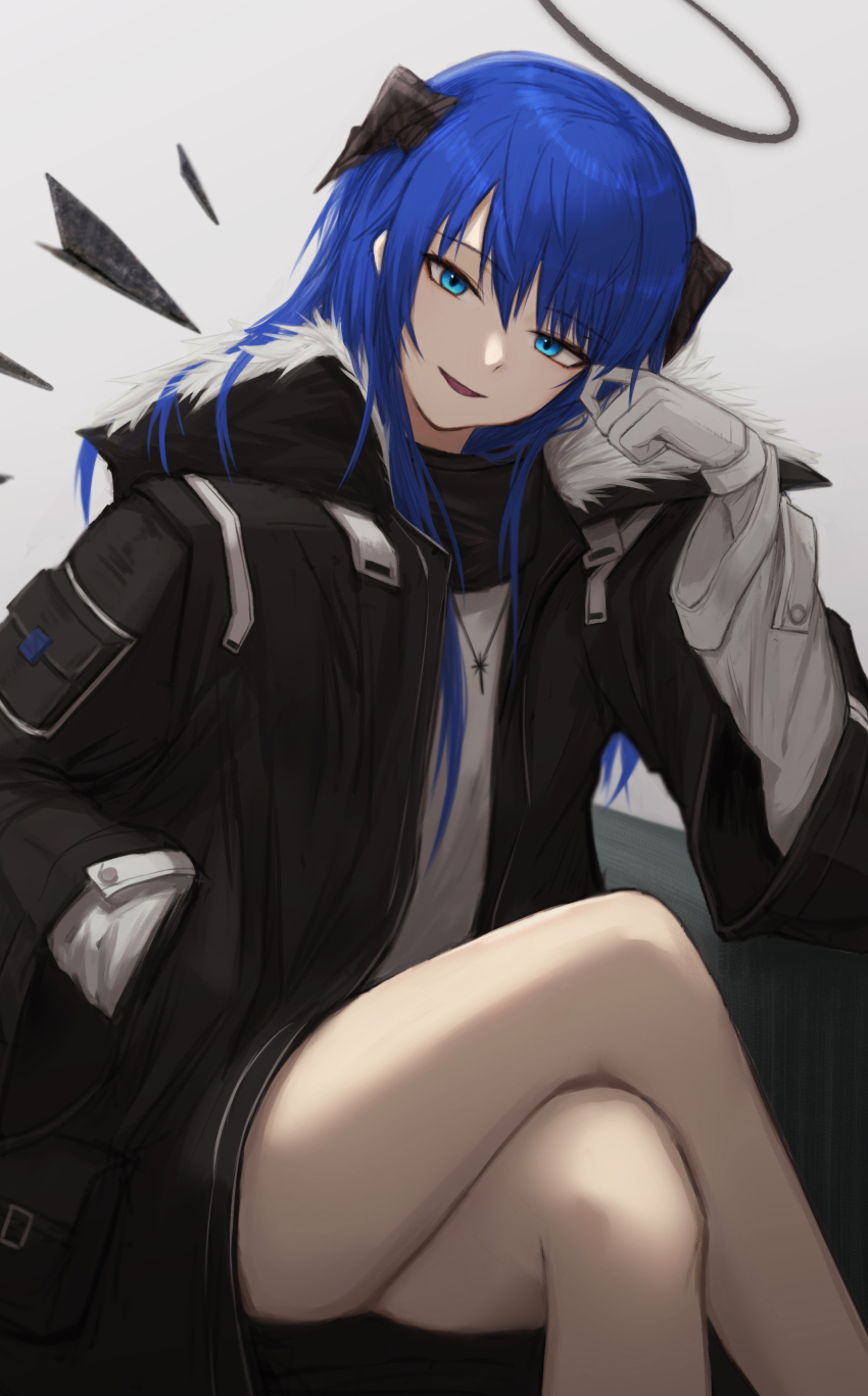 1girl, absurdres, arknights, black_jacket, black_wings, blue_eyes, blue_hair, cross
