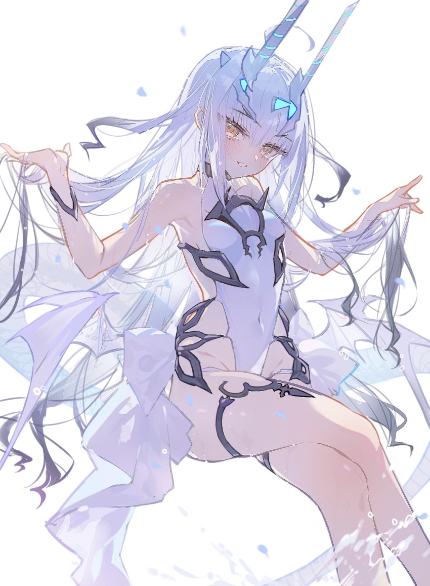1girl, bare_shoulders, breasts, covered_navel, dragon_tail, dragon_wings, fate/grand_order, fate_(series), forked_eyebrows, hands_in_own_hair, highres, horns, jewelry, long_hair, looking_at_viewer, melusine_(fate), melusine_(swimsuit_ruler)_(fate), melusine_(swimsuit_ruler)_(second_ascension)_(fate), one-piece_swimsuit, parted_lips, sidelocks, small_breasts, smile, solo, swimsuit, tail, thighlet, thighs, water, white_hair, white_one-piece_swimsuit, wings, yellow_eyes, youling_keke