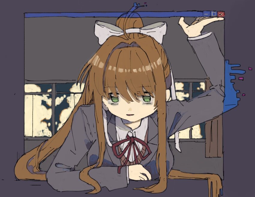 1girl, blazer, bow, breasts, brown_hair, digital_dissolve, doki_doki_literature_club, green_eyes