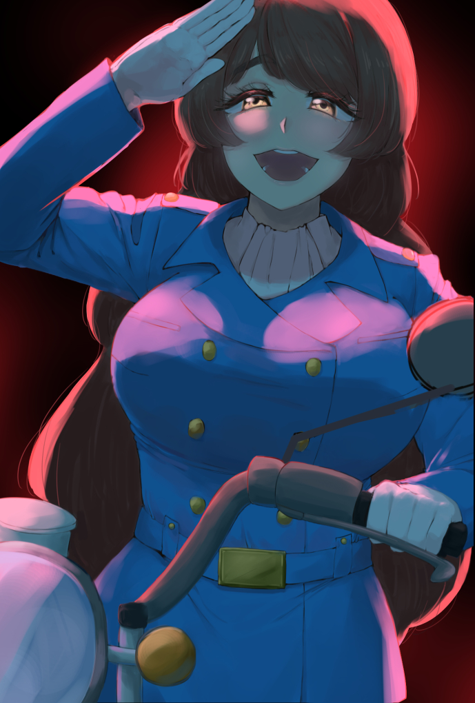 1girl, :d, belt, blue_shirt, brown_eyes, brown_hair, hajime_ujita, hand_up, himeno_azami, long_hair, long_sleeves, looking_at_viewer, motor_vehicle, motorcycle, open_mouth, rokudou_no_onna-tachi, salute, shirt, smile, solo, uniform, very_long_hair