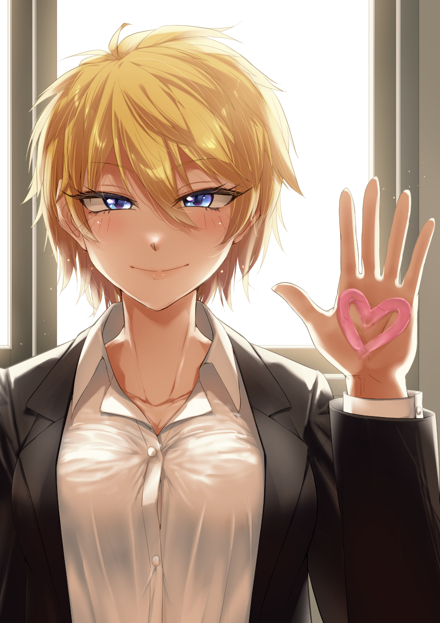 1girl, black_jacket, blonde_hair, blue_eyes, blush, hair_between_eyes, hajime_ujita, hand_up