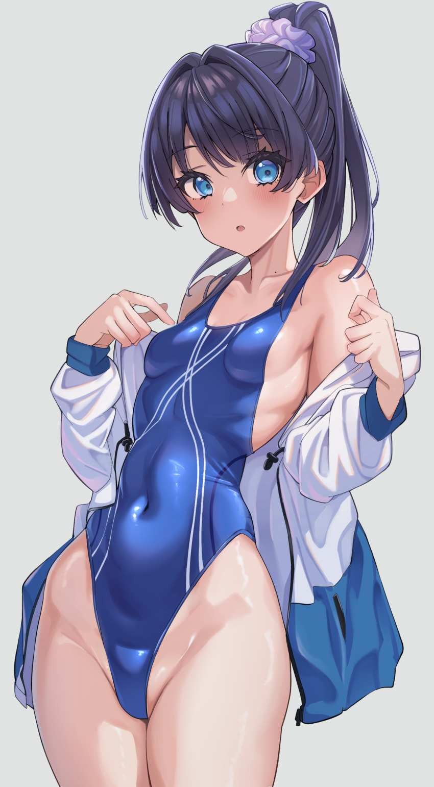 1girl, absurdres, black_hair, blue_eyes, blue_one-piece_swimsuit, blush, breasts, commentary, competition_swimsuit, covered_navel, cowboy_shot, hair_ornament, hair_scrunchie, highleg, highleg_one-piece_swimsuit, highres, impossible_clothes, impossible_swimsuit, jacket, link!_like!_love_live!, love_live!, murano_sayaka, murano_sayaka_(swimsuit), off-shoulder_jacket, off_shoulder, one-piece_swimsuit, open_clothes, open_jacket, ponytail, scrunchie, simple_background, small_breasts, swimsuit, virtual_youtuber, zibun_owl