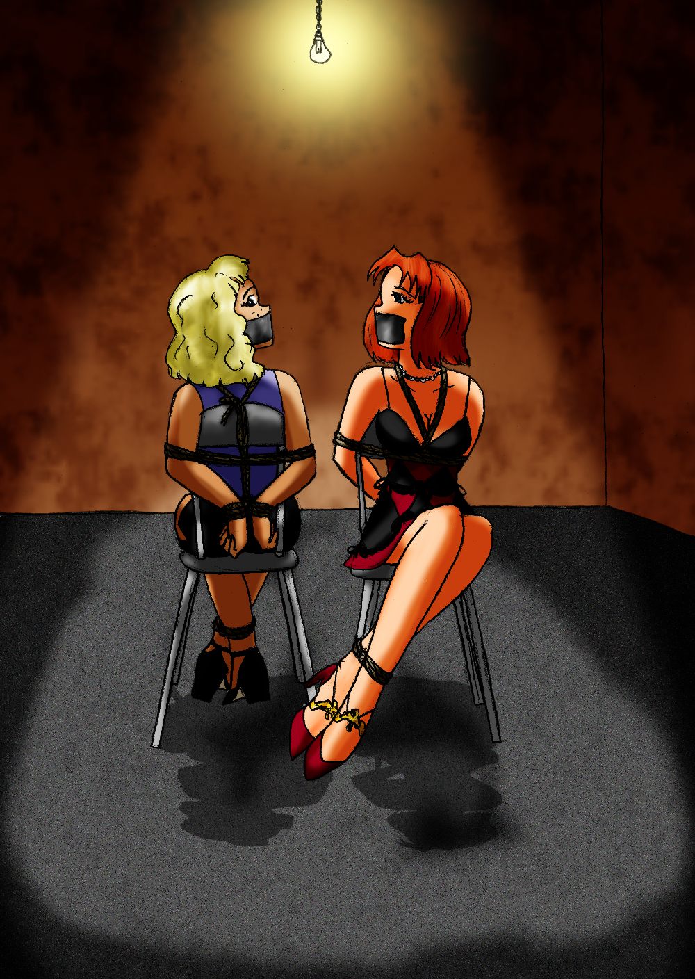 2girls, anna_keyer, bdsm, blonde_hair, bondage, bound, bound_ankles, bound_arms, bound_legs, bound_wrists, chrystel, damsel_comics, distress, gag, gagged, highres, keyer_and_chrystel, kidnapped, multiple_girls, original, red_hair, skirt