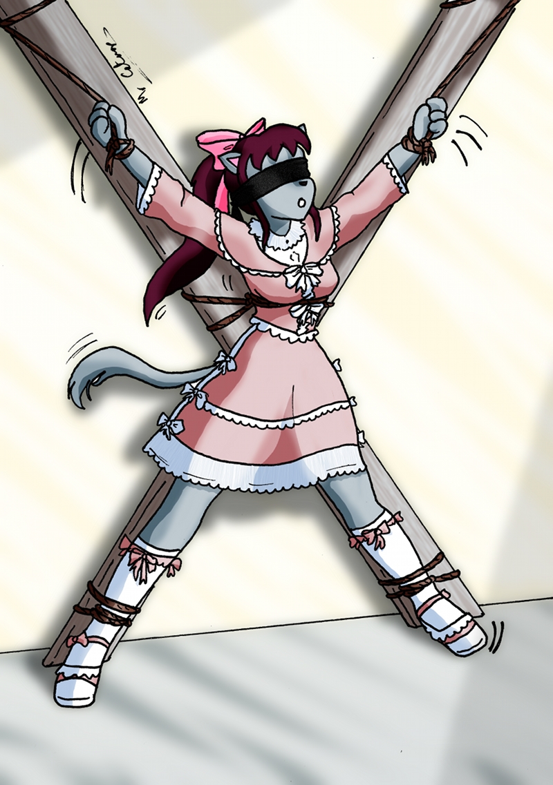 1girl, bdsm, blindfold, bondage, bound, bound_ankles, bound_wrists, cat_girl