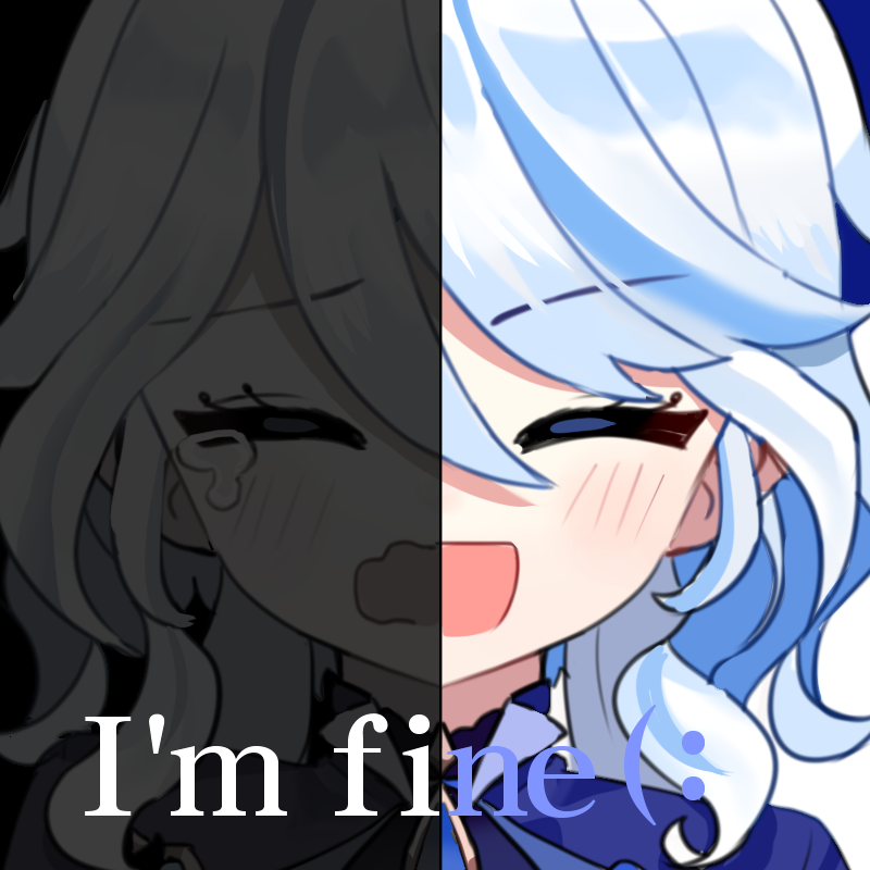 1girl, :d, ^_^, ahoge, aqua_hair, blush, closed_eyes, commentary, crying, english_commentary, english_text, furina_(genshin_impact), genshin_impact, gloom_(expression), hair_between_eyes, i'm_fine_(meme), inner_ego, long_hair, long_sleeves, looking_at_viewer, meme, miyako_draw, multicolored_hair, open_mouth, portrait, sidelocks, simple_background, smile, solo, streaked_hair, two-tone_hair