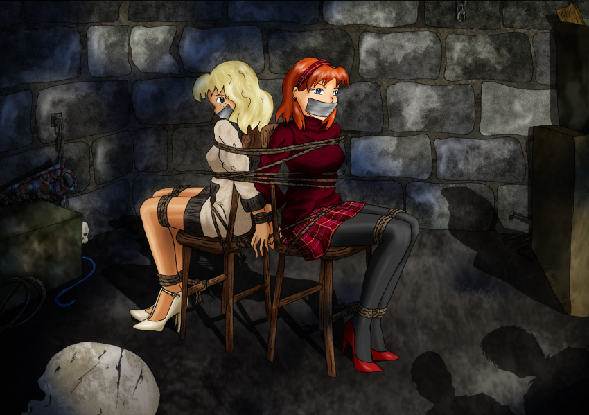 anna_keyer, bdsm, bondage, bound, bound_ankles, bound_legs, bound_wrists, castle, chrystel, damsel_comics, distress, dungeon, gagged, keyer_and_chrystel, kidnapped, original, red_hair, skirt