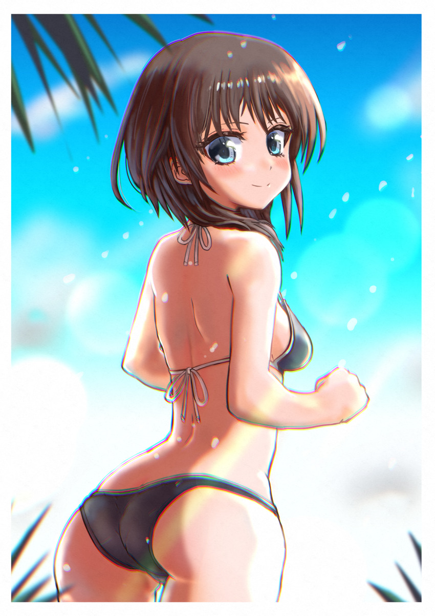 1girl, alice_gear_aegis, ass, back, bare_arms, bare_shoulders, bikini, black_bikini