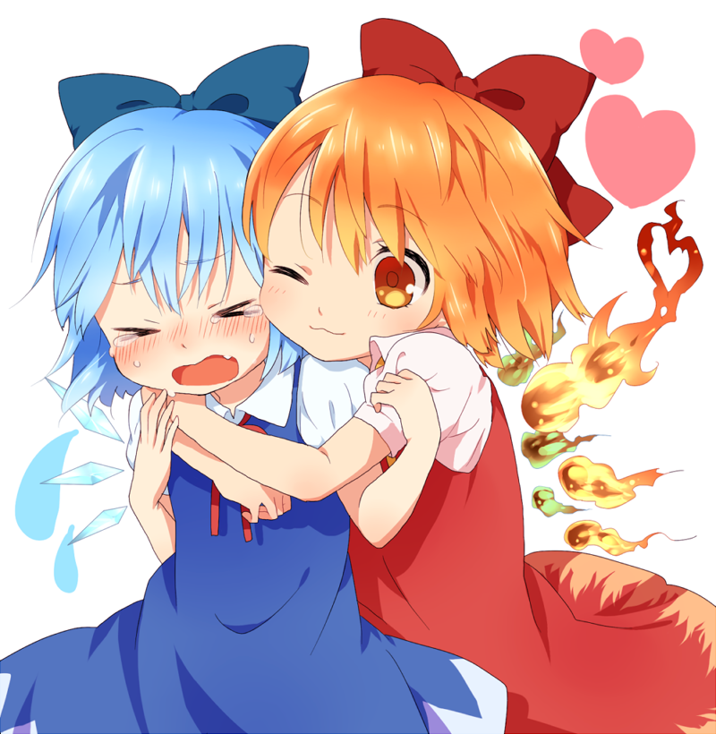 >_<, 2girls, :3, achi_cirno, alternate_color, alternate_element, bad_id, bad_pixiv_id, blue_hair, bow, cirno, closed_eyes, dual_persona, fiery_wings, fire, hair_bow, heart, hug, hug_from_behind, kurasaki_moroko, melting, multiple_girls, red_eyes, red_hair, ribbon, short_hair, tears, touhou, wings