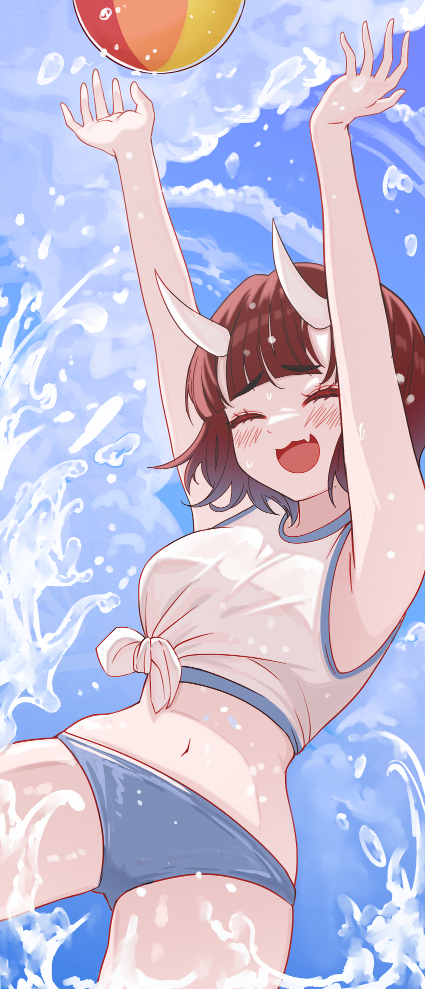 1girl, absurdres, anavi, ball, beachball, blue_buruma, blue_sky, blush