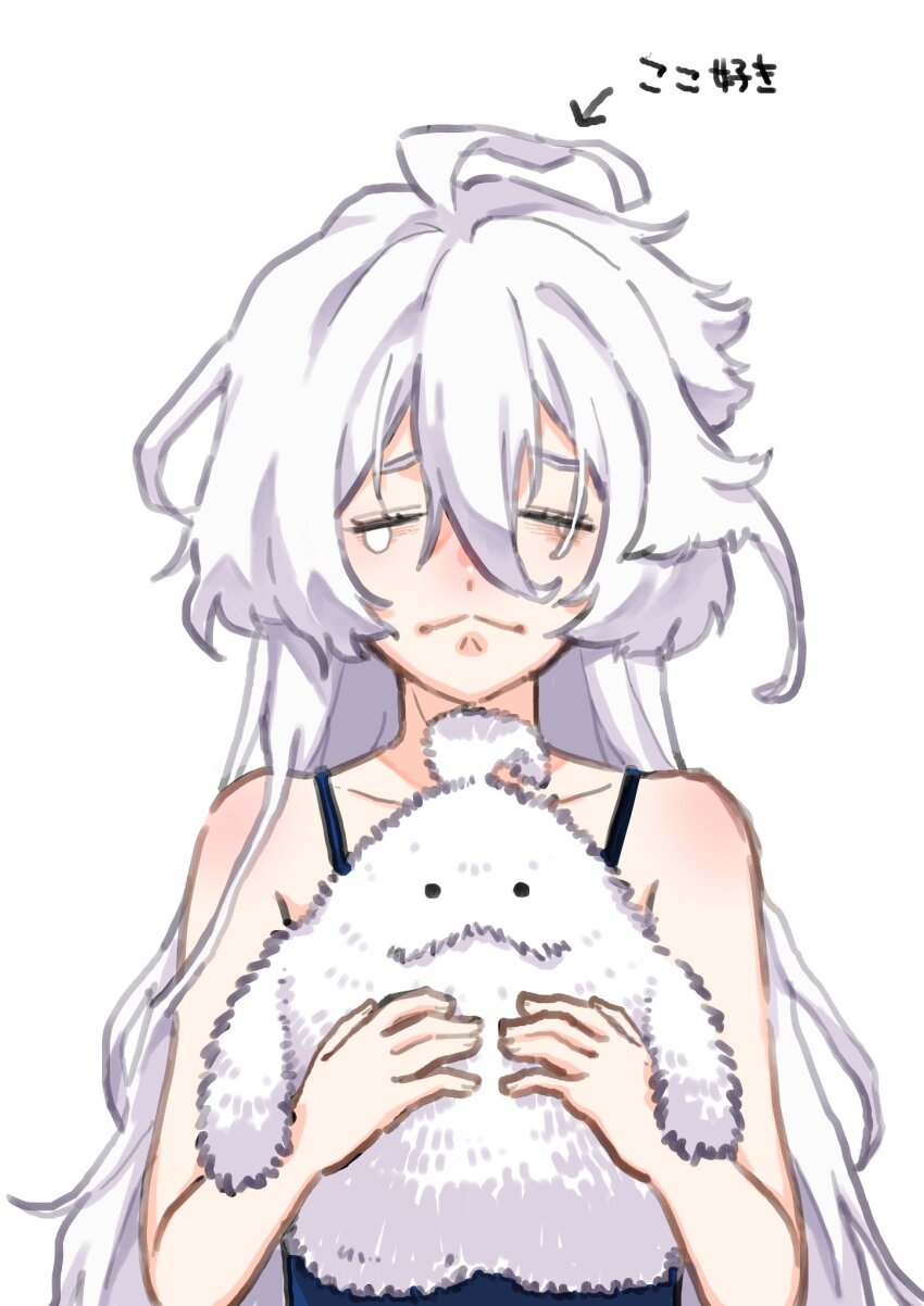 1girl, :<, ahoge, bare_shoulders, blue_shirt, closed_eyes, closed_mouth, commentary_request, crossover, facing_viewer, gundam, gundam_suisei_no_majo, hair_between_eyes, hanehitsuji_(hitsuzibane), highres, holding, holding_stuffed_toy, long_hair, miorine_rembran, moffun_(super_sentai), official_alternate_costume, ohsama_sentai_king-ohger, sad, shirt, simple_background, sleeveless, sleeveless_shirt, solo, spaghetti_strap, stuffed_toy, super_sentai, tears, upper_body, very_long_hair, white_background, white_hair, wilted_ahoge