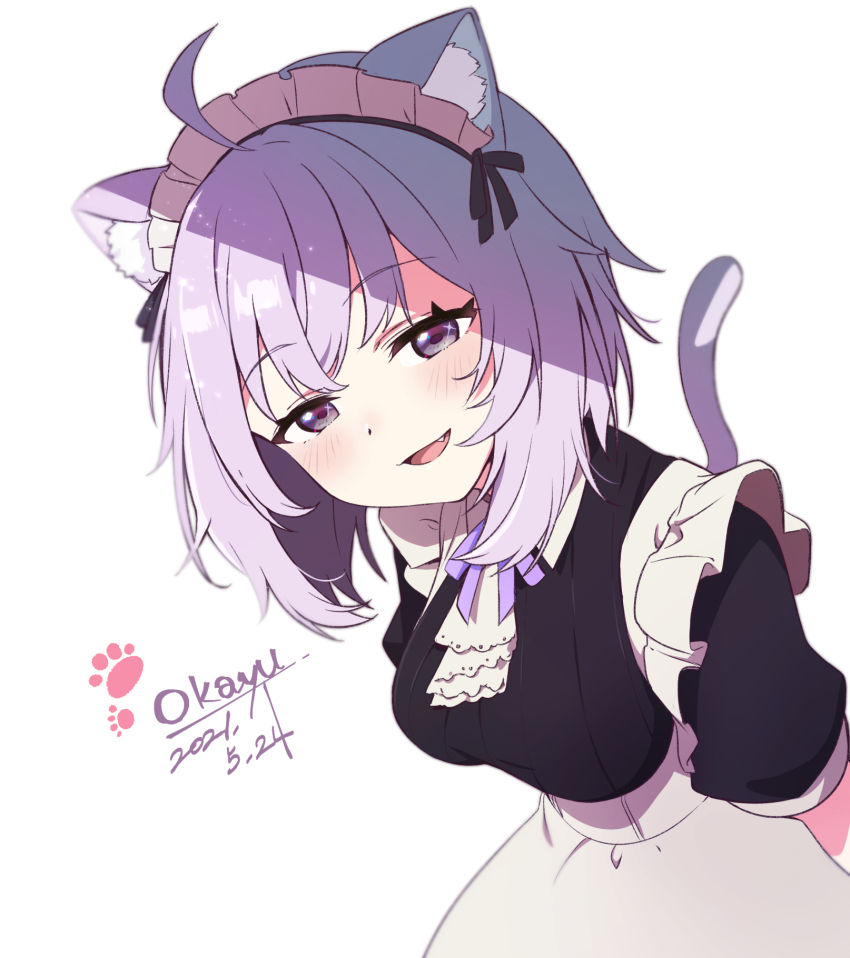 1girl, :d, ahoge, alternate_costume, animal_ear_fluff, animal_ears, apron, ascot