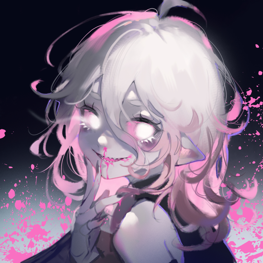 1girl, ahoge, black_nails, blood, blood_on_hands, blood_on_mouth, blood_splatter, briar_(league_of_legends)