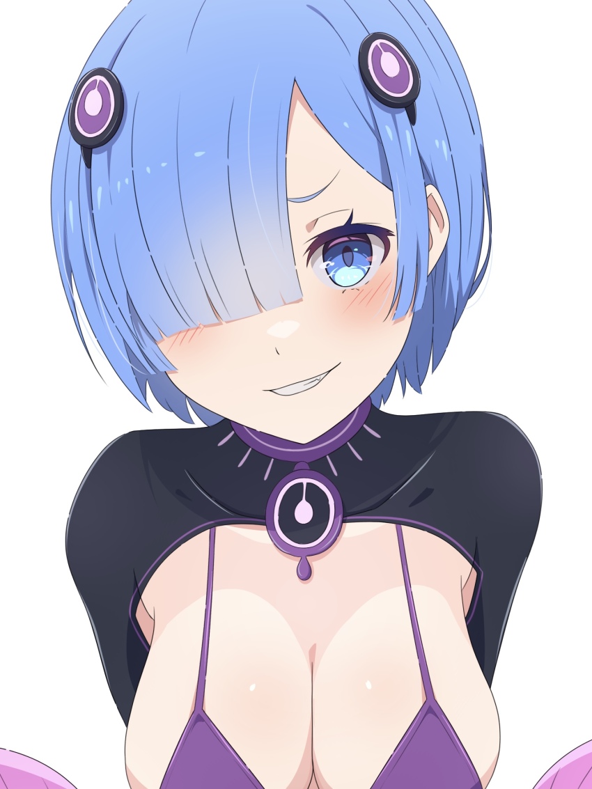 1girl, bikini, blue_eyes, blue_hair, blush, breasts, capella_emerada_lugnica, cleavage