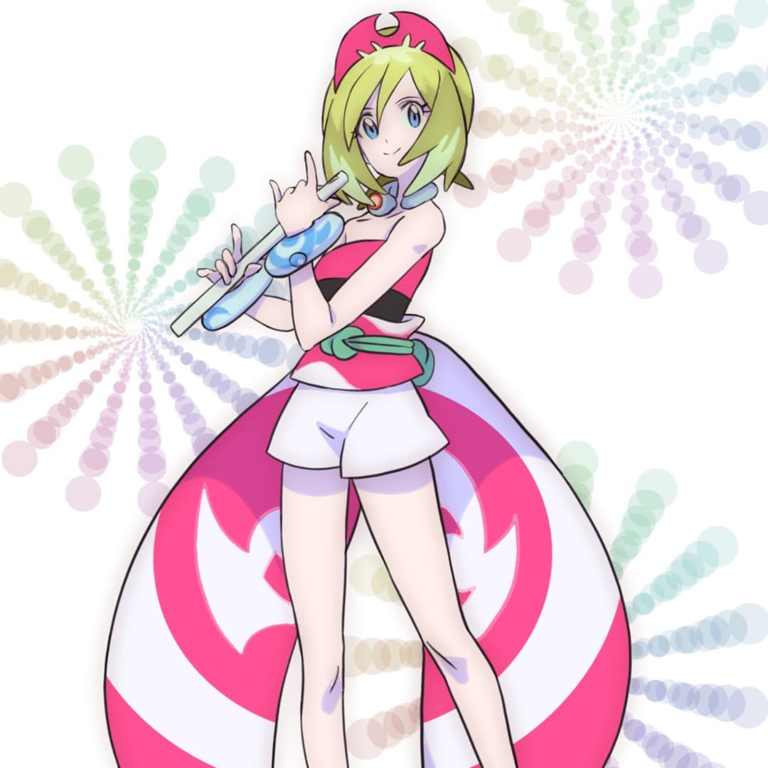 1girl, bare_shoulders, blue_eyes, emil_nx, flute, instrument, irida_(pokemon), light_brown_hair