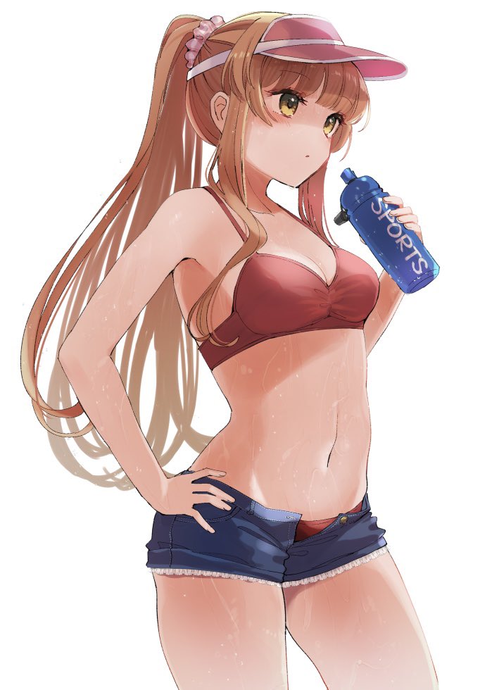 1girl, bikini, bikini_under_clothes, blue_shorts, blunt_bangs, bottle, breasts, cowboy_shot
