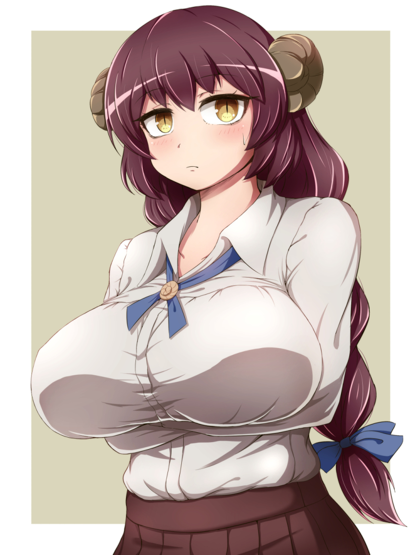 1girl, animal_hair_ornament, blush, breasts, brown_hair, fate/grand_order, fate_(series), fossil, hair_ribbon, highres, large_breasts, learning_with_manga!_fgo, long_hair, looking_to_the_side, mary_anning_(fate), mary_anning_(first_ascension)_(fate), ribbon, shirt, sotomichi, white_background, white_shirt, yellow_eyes