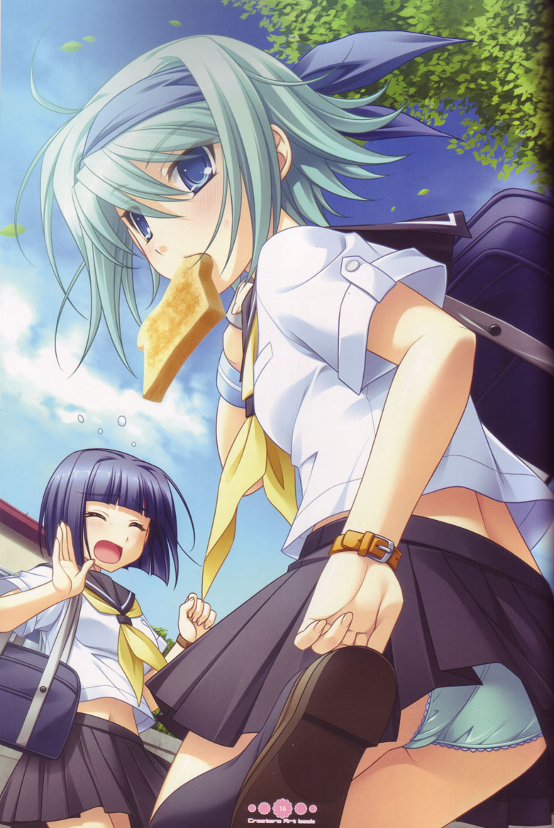 2girls, ass, bag, blue_hair, bread, bread_slice, bunshuu_(koihime_musou), food