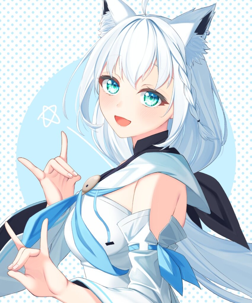 1girl, ahoge, animal_ear_fluff, animal_ears, black_bow, blue_neckerchief, blush, bow