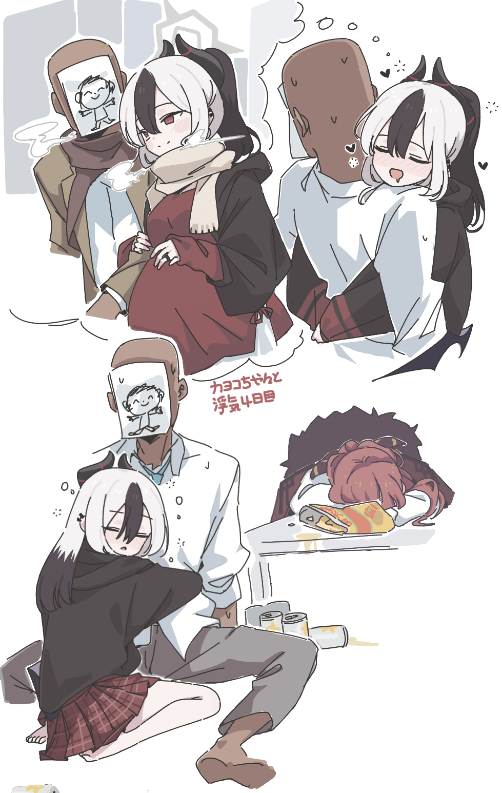 1boy, 2girls, abae, alcohol, aru_(blue_archive), beer, beer_can, black_hair, blue_archive, can, doodle_sensei_(blue_archive), dreaming, drink_can, drunk, hair_between_eyes, halo, highres, horns, hug, kayoko_(blue_archive), mask, multicolored_hair, multiple_girls, pregnant, problem_solver_68_(blue_archive), red_eyes, sensei_(blue_archive), simple_background, sleeping, squeans, white_background, white_hair