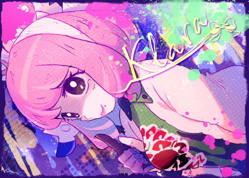 1girl, bow, breasts, character_name, chiri_sousu, coat, collared_shirt, drill_hair, eyeshadow, flipped_hair, fur_coat, fur_jacket, gloves, hairband, jacket, klara_(pokemon), makeup, medium_breasts, mole, mole_under_mouth, nintendo, pink_eyeshadow, pink_hair, pink_lips, pokemon, pokemon_sword_and_shield, purple_eyes, ribbon, shirt, single_glove, twin_drills, white_bow, white_hairband, white_jacket, white_ribbon