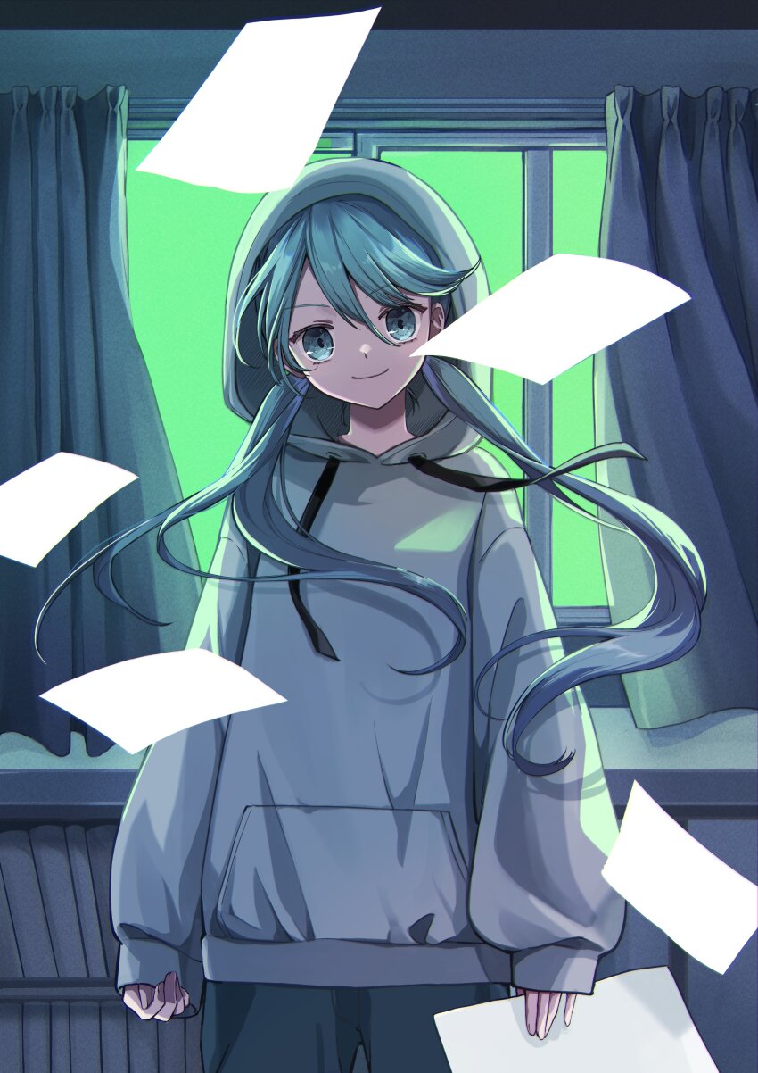 1girl, absurdres, blue_eyes, blue_hair, cinema_(vocaloid), curtains, grey_hoodie, hatsune_miku
