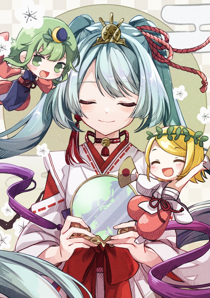 3girls, absurdres, blonde_hair, blue_hair, closed_eyes, earrings, green_eyes, green_hair, gumi, hand_fan, hatsune_miku, head_wreath, highres, holding, holding_fan, japanese_clothes, jewelry, kagamine_rin, kami_no_manimani_(vocaloid), long_hair, multiple_girls, nagitofuu, short_hair, single_earring, smile, swept_bangs, tassel, tassel_earrings, twintails, very_long_hair, vocaloid