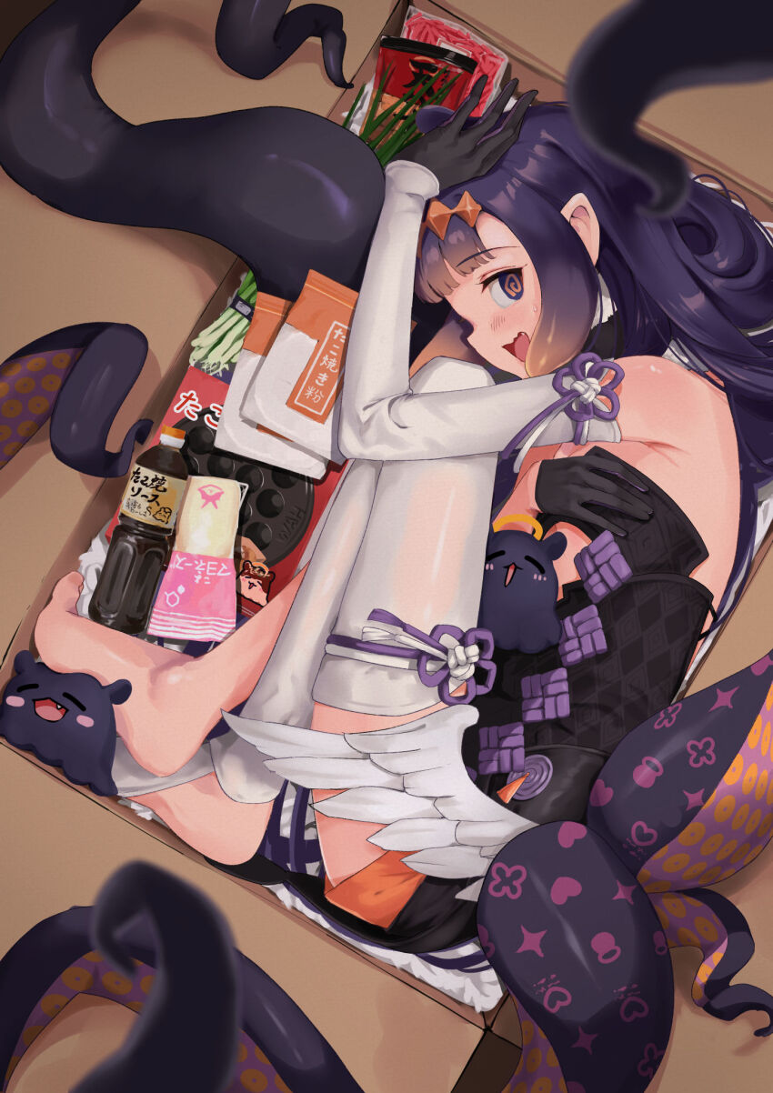 1girl, @_@, armpit_crease, bare_shoulders, barefoot, black_shirt, blurry, blurry_foreground, blush, box, breasts, cardboard_box, commentary, depth_of_field, elbow_gloves, feet, food, gloves, gradient_hair, hair_ornament, hand_up, highres, hololive, hololive_english, in_box, in_container, indoors, knees_up, legs, long_hair, long_legs, low_wings, mayonnaise_bottle, mochiyuki_(gigfor1), multicolored_hair, ninomae_ina'nis, ninomae_ina'nis_(1st_costume), no_shoes, open_mouth, orange_shorts, purple_eyes, purple_hair, purple_ribbon, ribbon, shirt, short_shorts, shorts, single_thighhigh, sleeveless, sleeveless_shirt, small_breasts, solo, strapless, strapless_shirt, takodachi_(ninomae_ina'nis), takoyaki_pan, tentacle_hair, tentacles, thighhighs, toenails, toes, virtual_youtuber, wings
