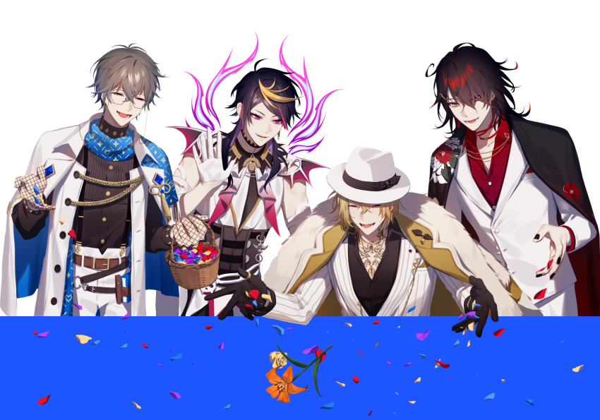 13_(bbr584607091), 4boys, black_hair, black_nails, black_shirt, blonde_hair, blue_capelet, brown_hair