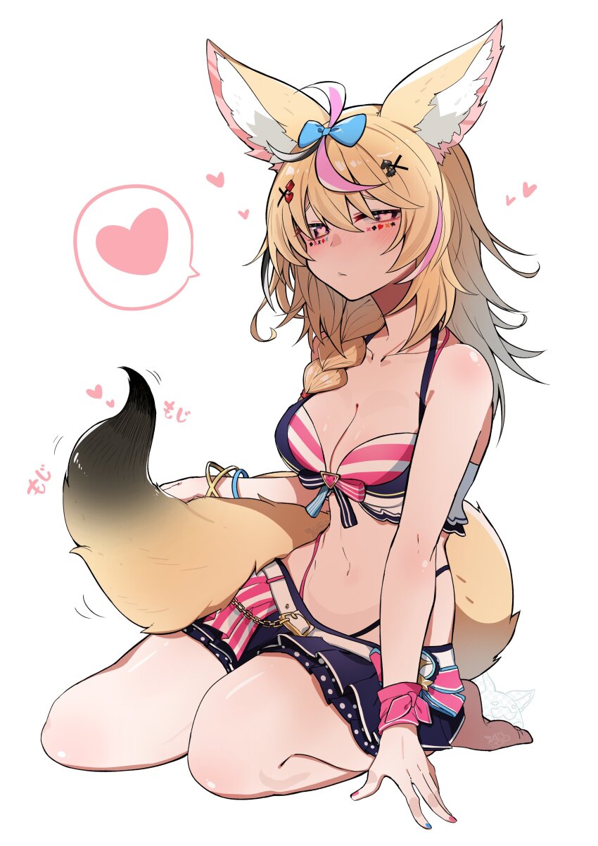 1girl, absurdres, animal_ear_fluff, animal_ears, barefoot, belt, bikini, blonde_hair, blue_bow, blue_nails, blush, bow, braid, breasts, cleavage, collarbone, fox_ears, fox_tail, hair_bow, high-waist_bikini, highres, holding_own_tail, hololive, hololive_summer_2023_swimsuit, long_hair, looking_to_the_side, medium_breasts, multicolored_hair, multicolored_nails, navel, omaru_polka, pink_bikini, pink_eyes, pink_hair, pink_nails, pink_skirt, side_braid, sitting, skirt, solo, streaked_hair, striped_bikini, striped_clothes, sui_hi_sf, swimsuit, tail, toes, virtual_youtuber, white_belt, white_hair
