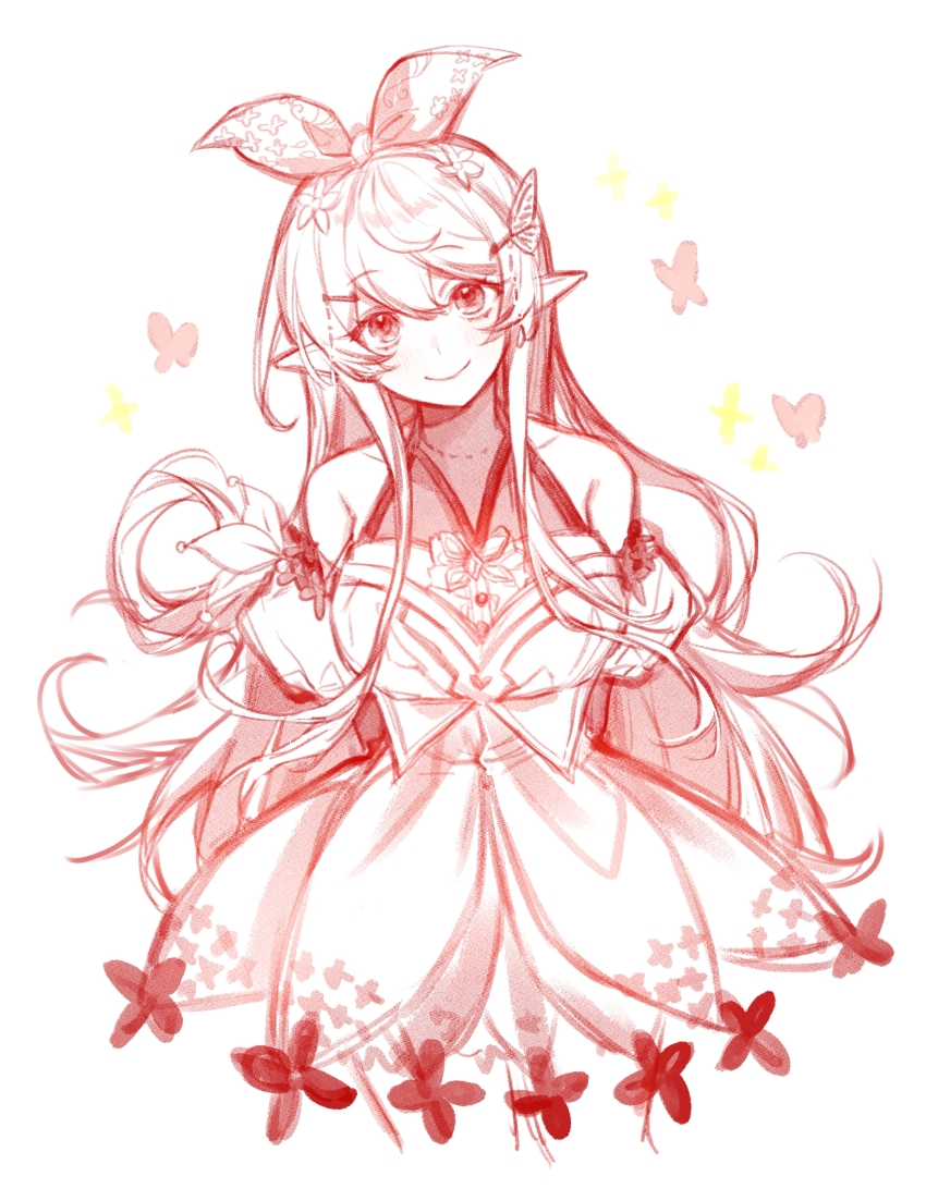 1girl, absurdres, arms_behind_back, butterfly_hair_ornament, collarbone, detached_sleeves, hair_ornament, hair_ribbon