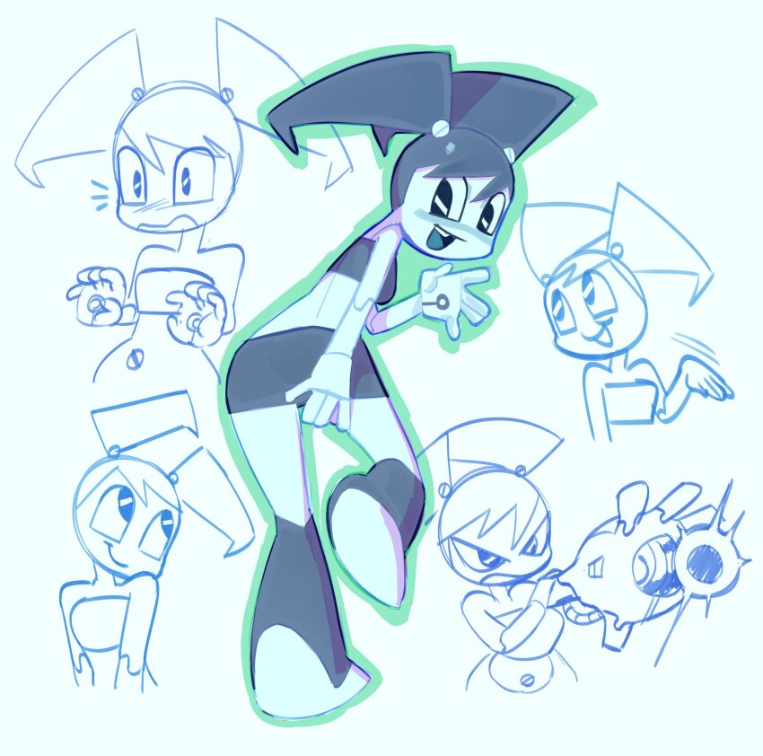 1girl, absurdres, aqua_hair, aqua_skirt, aqua_tongue, arm_cannon, bare_arms, bare_shoulders