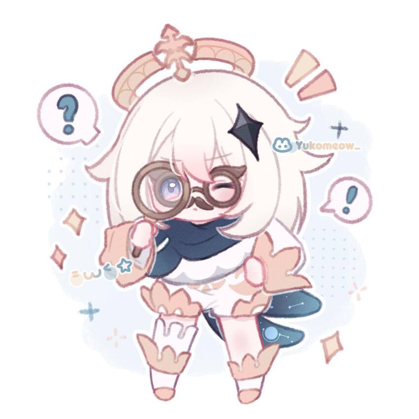 !, 1girl, ?, artist_name, asymmetrical_legwear, blue_eyes, blue_scarf, blush