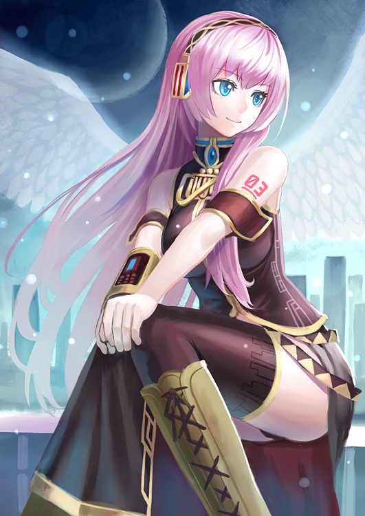 1girl, angel_wings, aqua_eyes, bare_shoulders, black_thighhighs, boots, female_focus, headphones