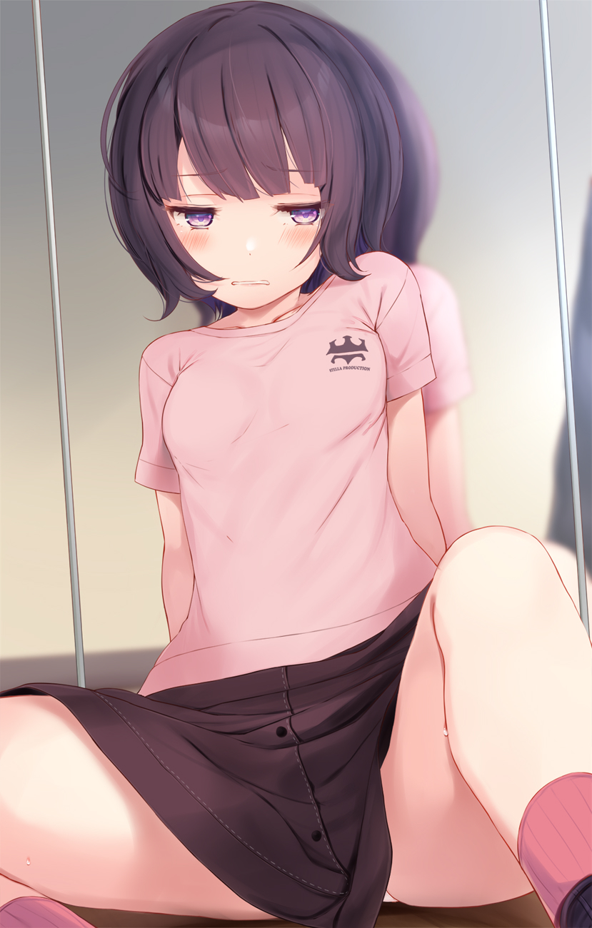 1girl, 1other, arms_at_sides, averting_eyes, black_hair, black_skirt, blunt_bangs, blush, breasts, button_up_skirt, buttons, collarbone, commentary_request, d:, feet_out_of_frame, furrowed_brow, half-closed_eyes, highres, indoors, komone_ushio, logo, mirror, on_floor, open_mouth, original, panties, pantyshot, parted_lips, pink_shirt, pink_socks, purple_eyes, reflection, ribbed_socks, scowl, shirt, short_hair, short_sleeves, sitting, skirt, small_breasts, socks, sweatdrop, taut_clothes, taut_shirt, teeth, thighs, underwear, white_panties