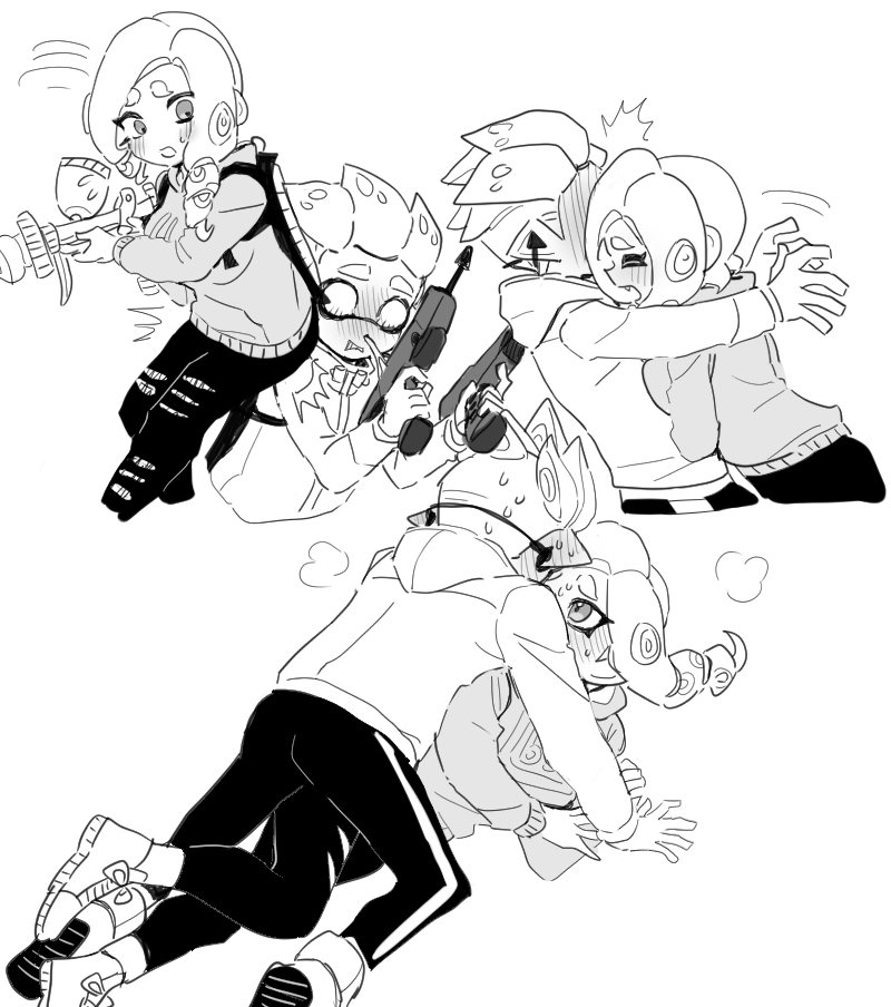 1boy, 1girl, accidental_pervert, aerospray_(splatoon), blood, blush, commentary_request, dede_(qwea_00000), hetero, hood, hoodie, inkling, inkling_boy, inkling_player_character, korean_commentary, looking_at_another, nintendo, nosebleed, octoling, octoling_girl, octoling_player_character, open_mouth, pointy_ears, splat_dualies_(splatoon), splatoon_(series), sweat, tentacle_hair, white_background