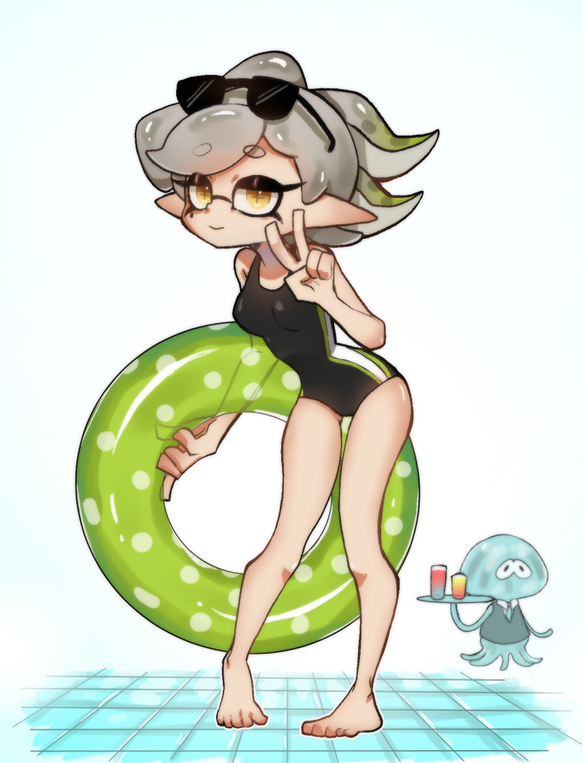+_+, 1girl, bare_legs, barefoot, black_one-piece_swimsuit, breasts, full_body, grey_hair, hand_up, highres, holding, holding_tray, inkling, innertube, leaning_forward, looking_at_viewer, m4ymask, marie_(splatoon), medium_breasts, medium_hair, mole, mole_under_eye, nintendo, one-piece_swimsuit, pointy_ears, smile, solo_focus, splatoon_(series), splatoon_1, standing, sunglasses, swim_ring, swimsuit, tentacle_hair, tile_floor, tiles, tray, v, yellow_eyes