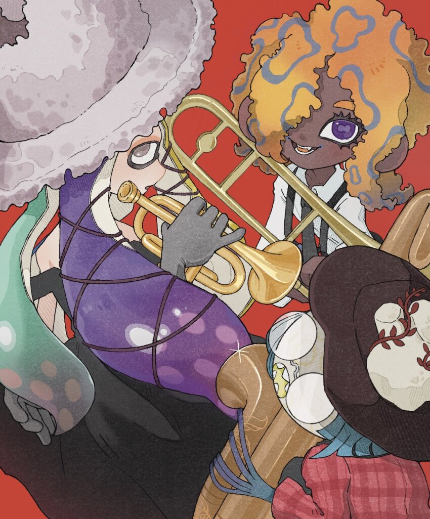 3girls, aqua_hair, black_dress, black_headwear, black_necktie, collared_shirt, dress, glasses