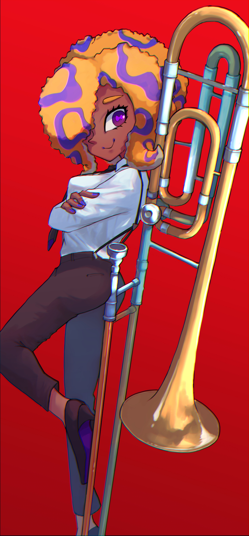 1girl, absurdres, ass, between_buttocks, black_footwear, black_necktie, black_pants, chromatic_aberration, collared_shirt, crossed_arms, dark-skinned_female, dark_skin, foot_out_of_frame, gradient_background, hair_over_one_eye, high_heels, highres, instrument, leg_up, looking_at_viewer, multicolored_hair, nastar_r0, necktie, nintendo, orange_hair, pants, purple_eyes, red_background, shirt, shirt_tucked_in, smile, solo, splatoon_(series), splatoon_3, suspenders, tao_blu, trombone, white_shirt