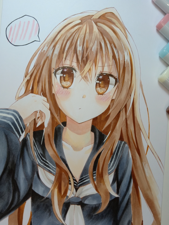 1girl, aisaka_taiga, annoyed, blush, brown_eyes, brown_hair, copic, copic_(brand)