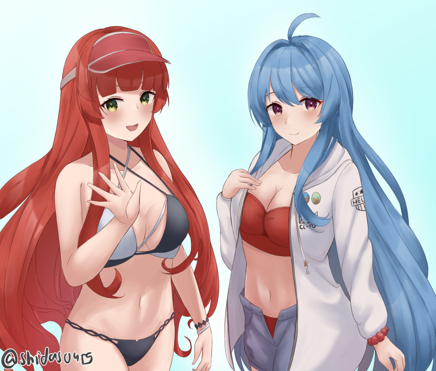 2girls, ahoge, azur_lane, bikini, bikini_under_clothes, bikini_bottom_under_shorts, blue_hair, breasts