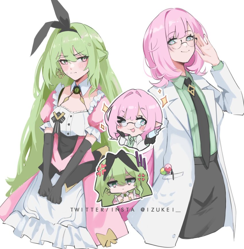 >_o, 2girls, ;p, adjusting_eyewear, animal_ears, black_gloves, black_hairband, black_necktie