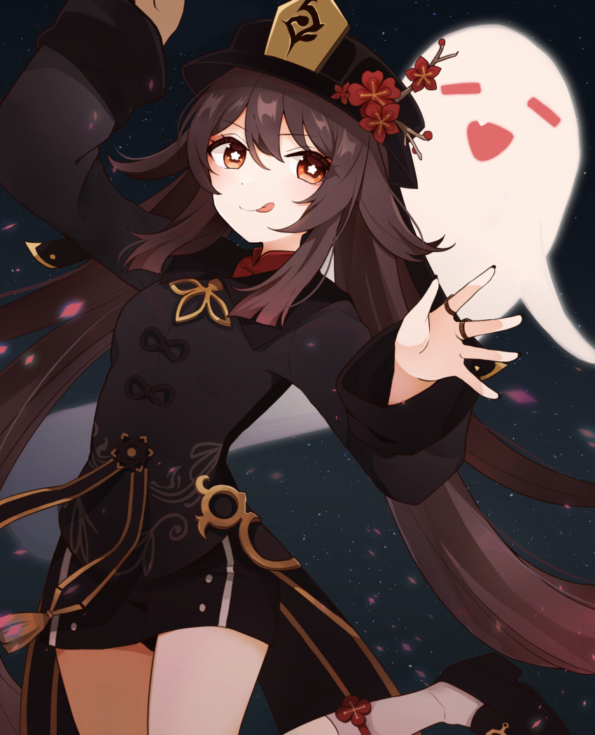 1girl, :p, absurdres, black_coat, black_hat, black_shorts, boo_tao_(genshin_impact), bright_pupils