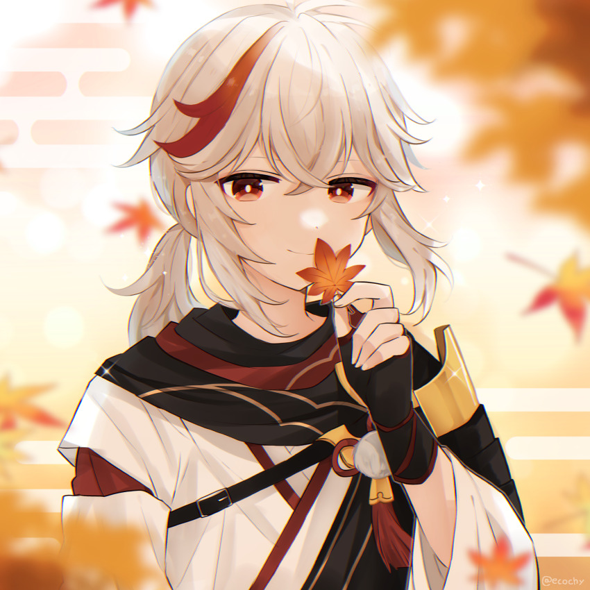 1boy, armor, autumn_leaves, black_gloves, black_scarf, blurry, bright_pupils, closed_mouth
