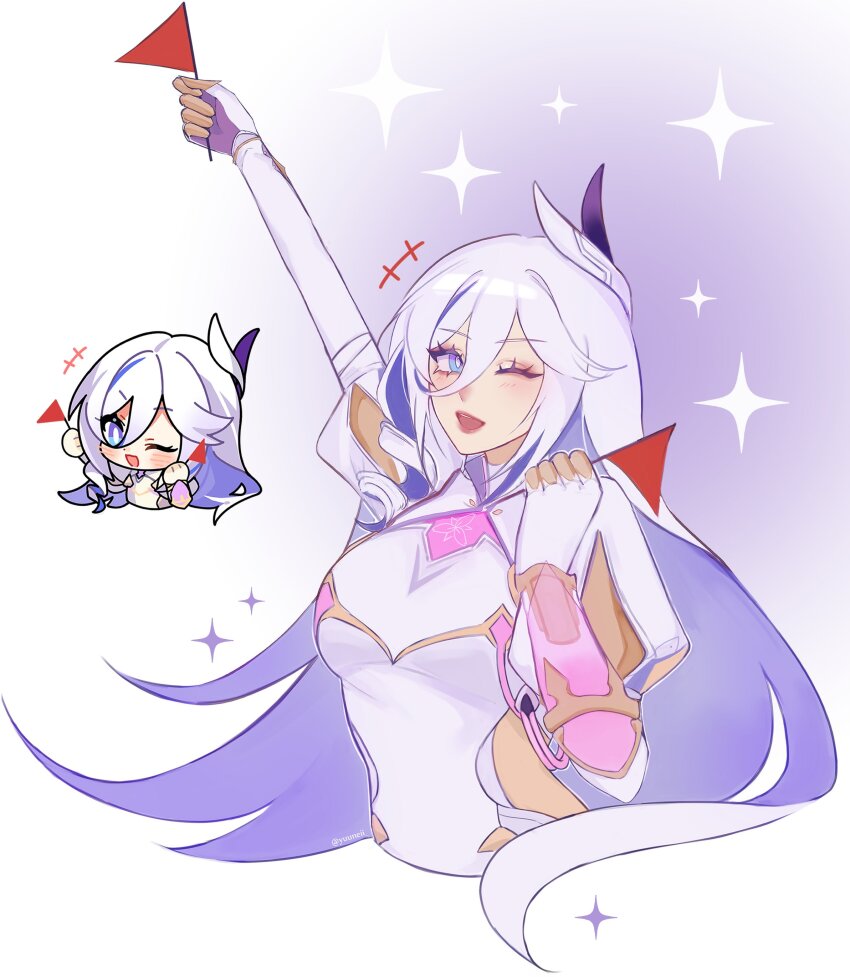 +++, absurdres, blue_eyes, breasts, chibi, chibi_inset, commentary, english_commentary