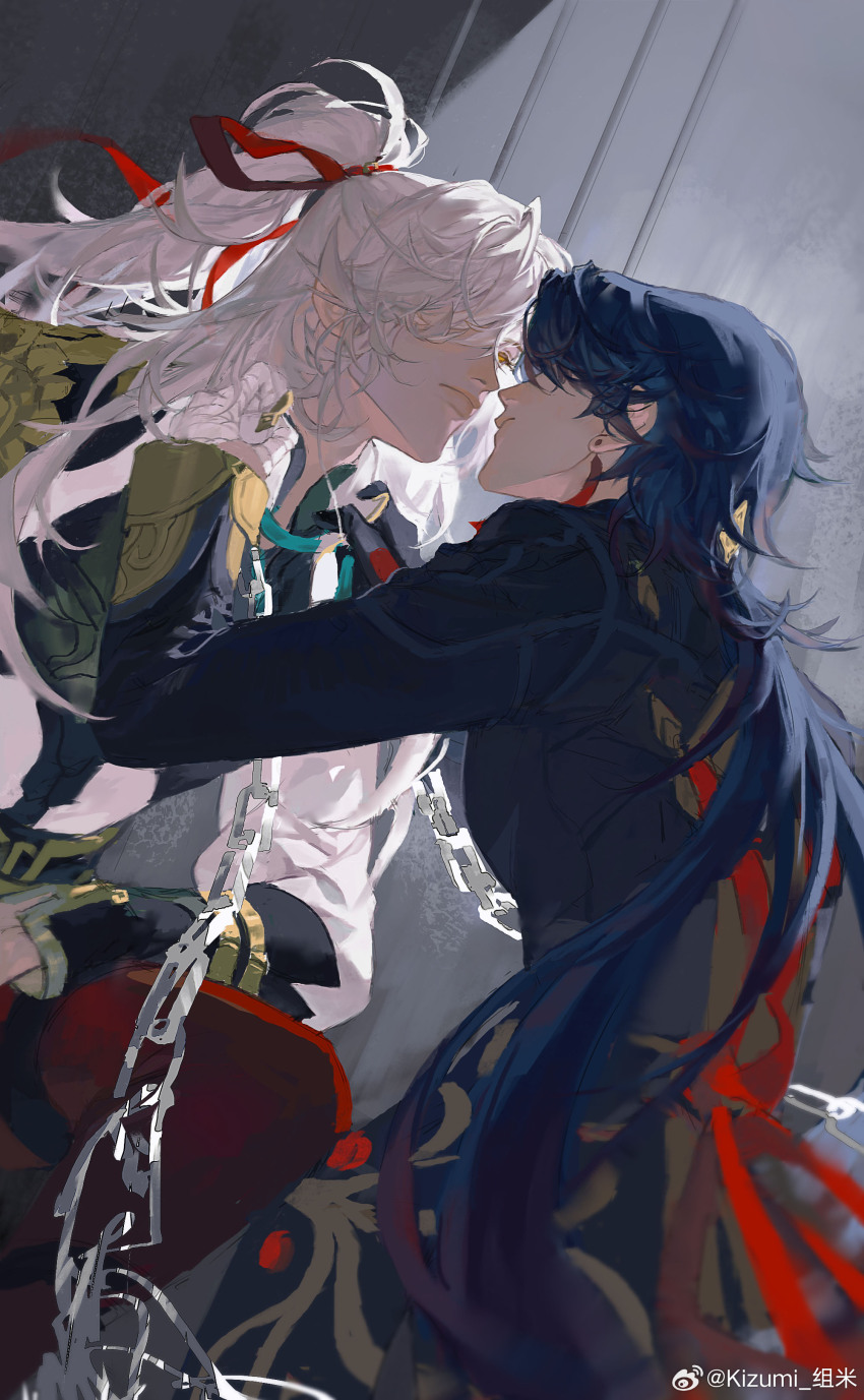 2boys, absurdres, ahoge, artist_name, bandaged_hand, bandages, blade_(honkai:_star_rail), chain