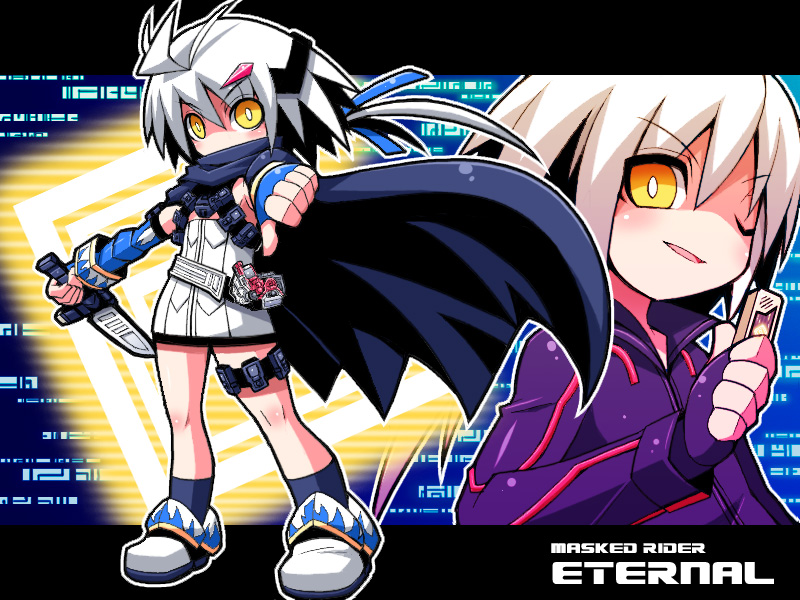 1girl, ahoge, belt, cape, daido_katsumi, fingerless_gloves, gender_request, genderswap, gloves, kamen_rider, kamen_rider_eternal, kamen_rider_w, knife, rider-tan, white_hair, yellow_eyes, yuuno