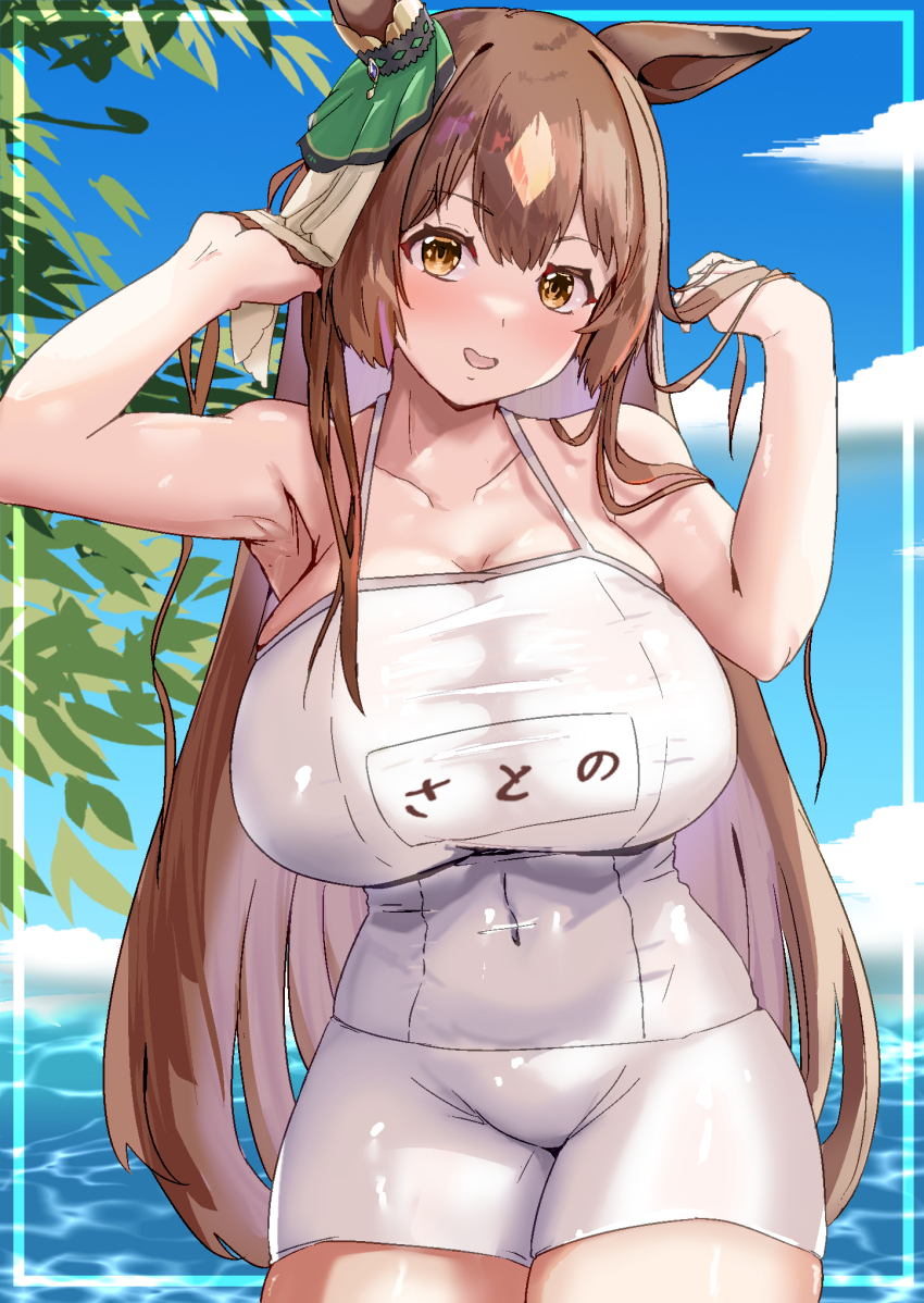 1girl, animal_ears, blush, bow, breasts, brown_eyes, brown_hair, ear_ornament, ear_ribbon, hair_between_eyes, hair_ornament, hflfhvlwvp, highres, horse_ears, horse_girl, horseshoe_ornament, large_breasts, long_hair, looking_at_viewer, open_mouth, satono_diamond_(umamusume), smile, solo, umamusume, very_long_hair