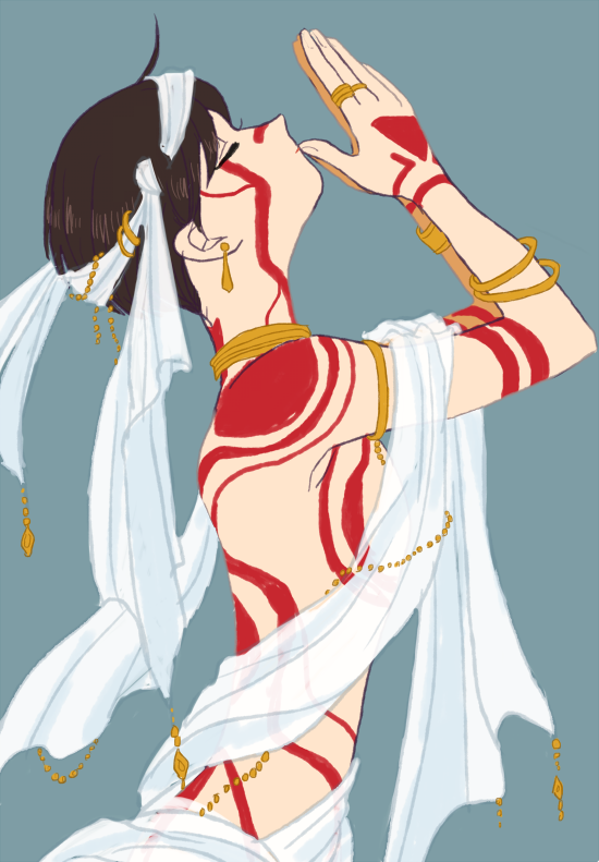 1girl, black_hair, body_markings, breasts, closed_eyes, closed_mouth, earrings, jewelry, kamo_(soisoipor), medium_breasts, original, own_hands_together, praying, short_hair, simple_background, solo