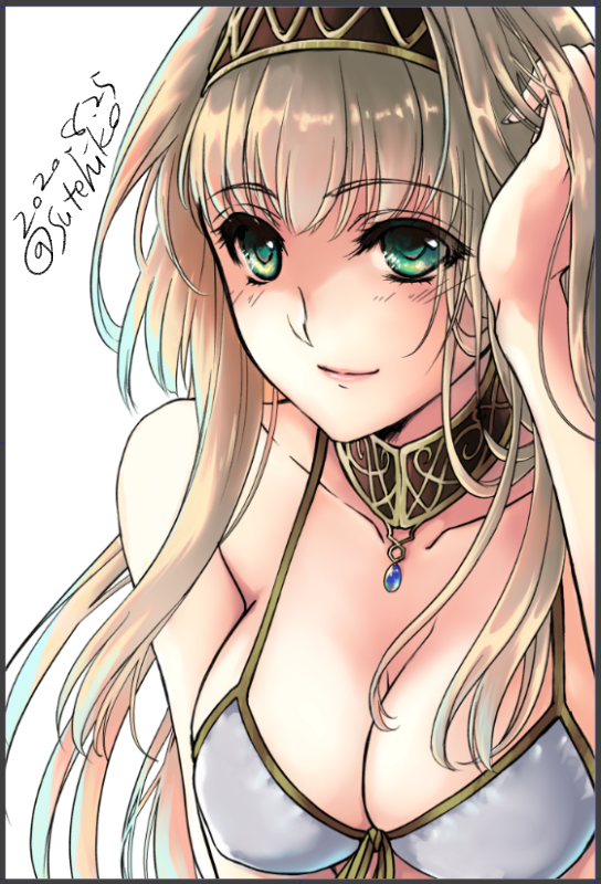 1girl, alicia_(valkyrie_profile_2), blonde_hair, breasts, cleavage, closed_mouth, collarbone, green_eyes